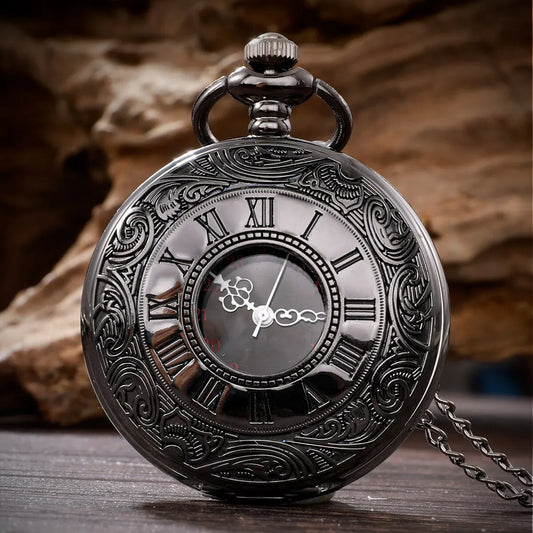 1 pcs Steampunk pocket watch, men's chain, necklace, antique charm, black, Roman numerals, quartz, unified fashion.