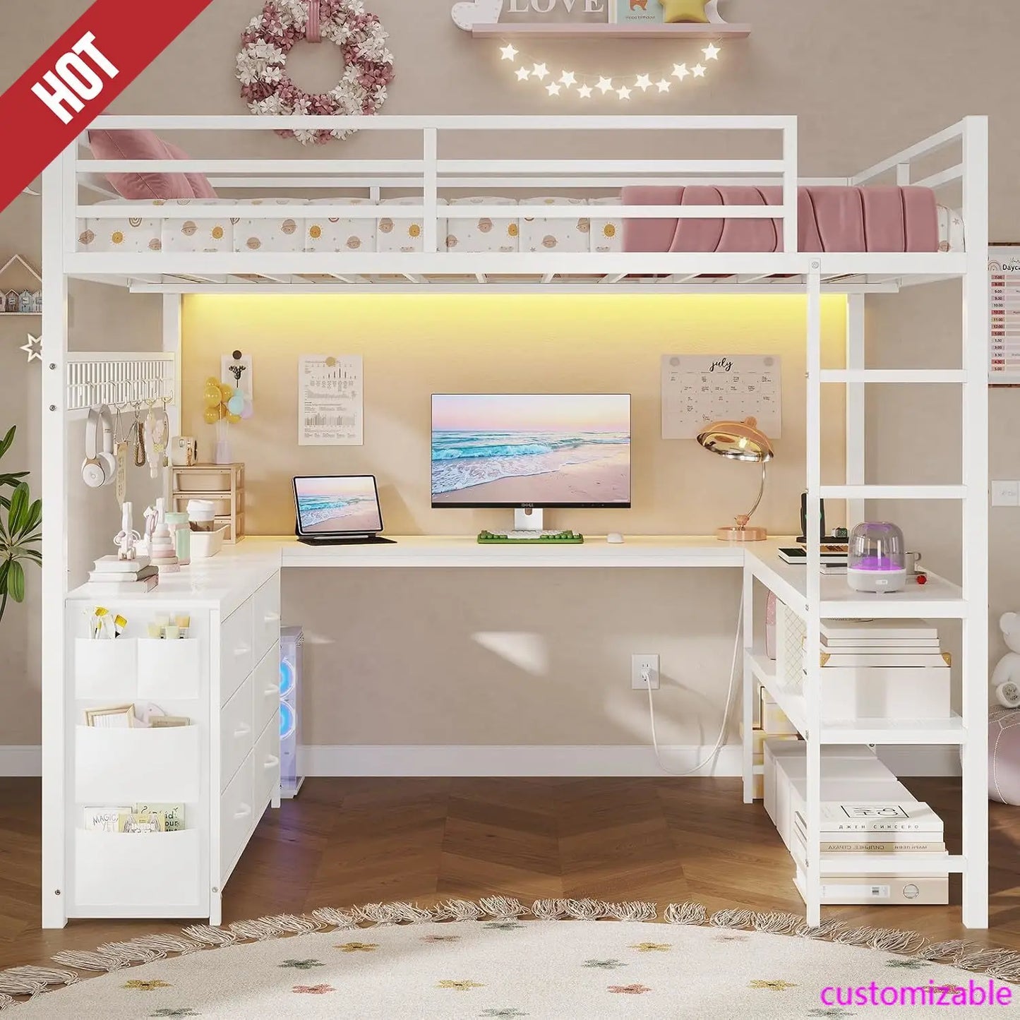 Loft Bed Full Size with U-Shaped Desk, 6 Storage Drawers, Power Outlet, LED.