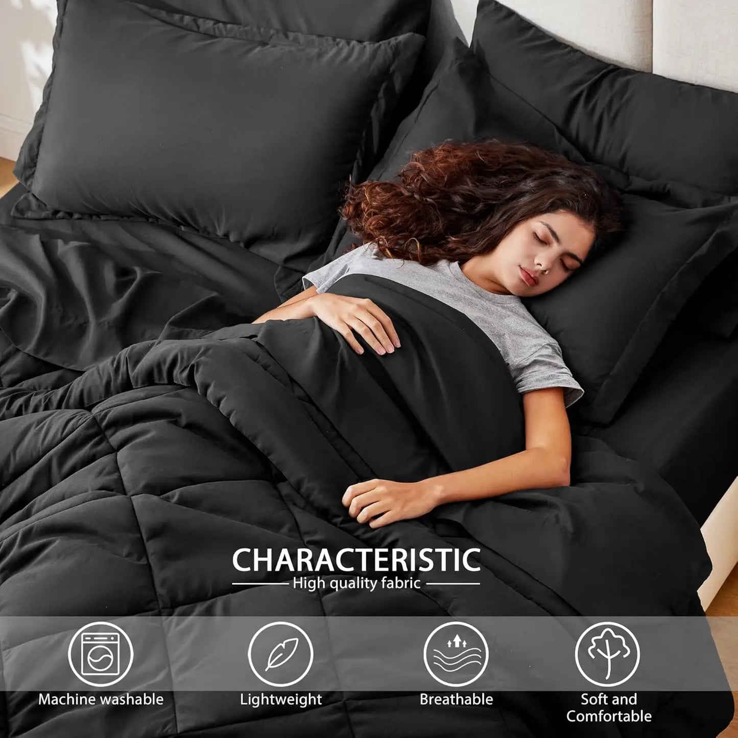 Queen Comforter Set Black, 7-Piece All Season Bedding with Comforter, Sheets, Pillowcases.