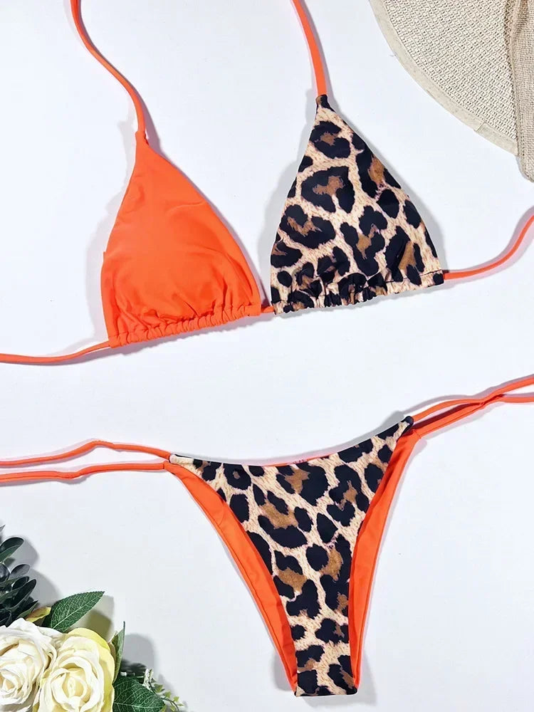 Halter Splicing Leopard Bikinis 2026 Satin Bikini Female Swimsuit Women Swimwear.
