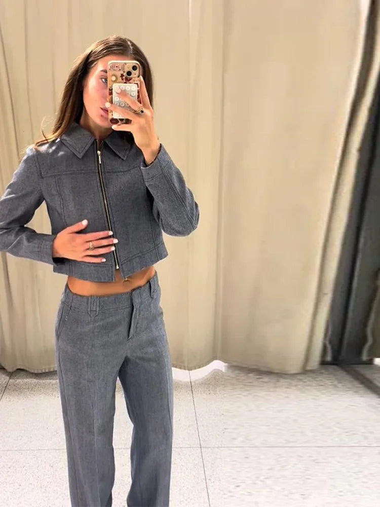 Women's Outwear 2 Piece Set Coats Pants ,Zipper Short Jackets, Straight-Leg Trouser Woman Clothes