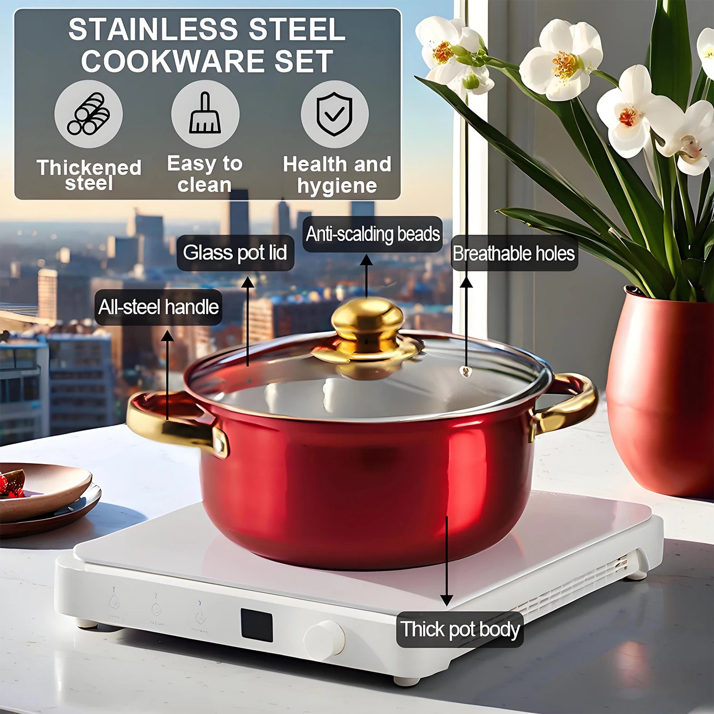 Red Cookware Set, 12-Piece ,Stainless Steel, Non-Stick.