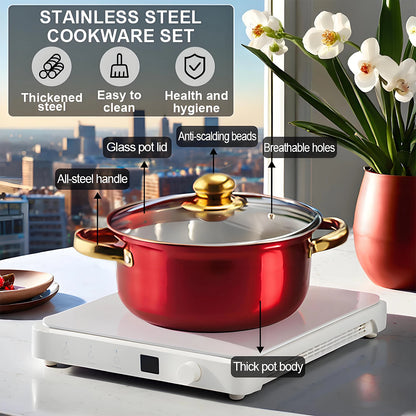 Red Cookware Set, 12-Piece ,Stainless Steel, Non-Stick.