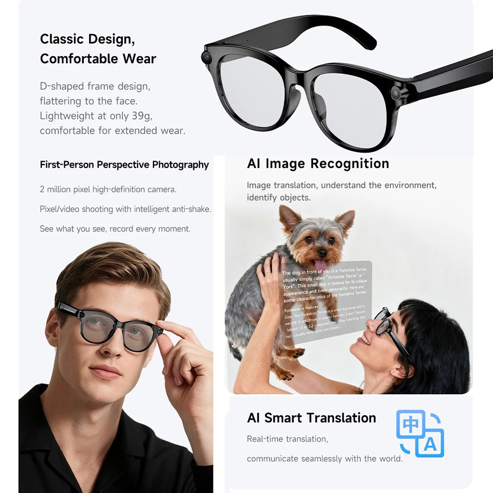 AI Smart Glasses, Real-time Translation, Dual Camera, Bluetooth Call Sunglasses, Shoot Audio Video Music Player Multifunctional.