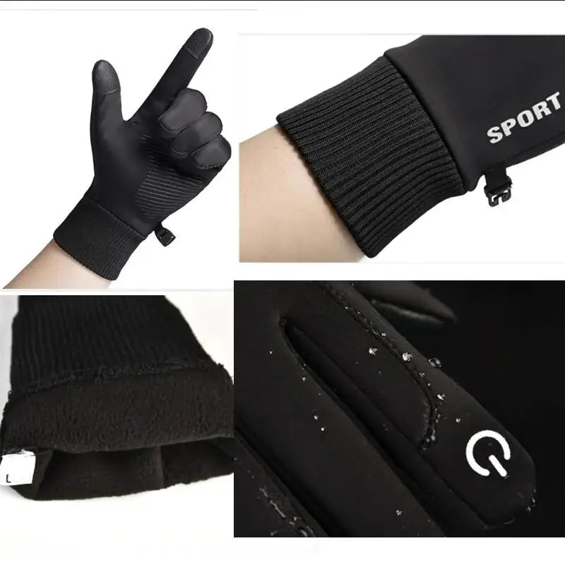 Black Winter Warm Full Fingers Waterproof Cycling ,Outdoor, Sports Running, Motorcycle ,Ski Touch Screen Fleece Gloves.