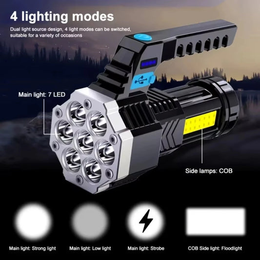 7LED High-Power Flashlight With USB Charging, COB Side Light - Suitable For Fishing, Camping, Hiking.