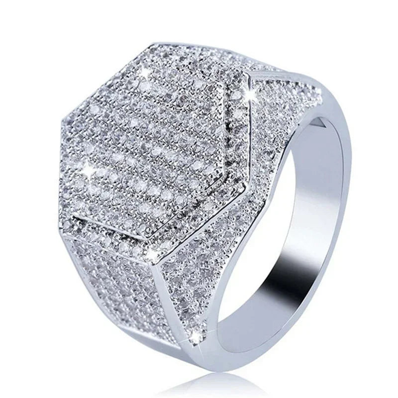 Hip Hop Style Trendy Men Rings, Iced Out Bling Cubic Zirconia Geometry Ring.