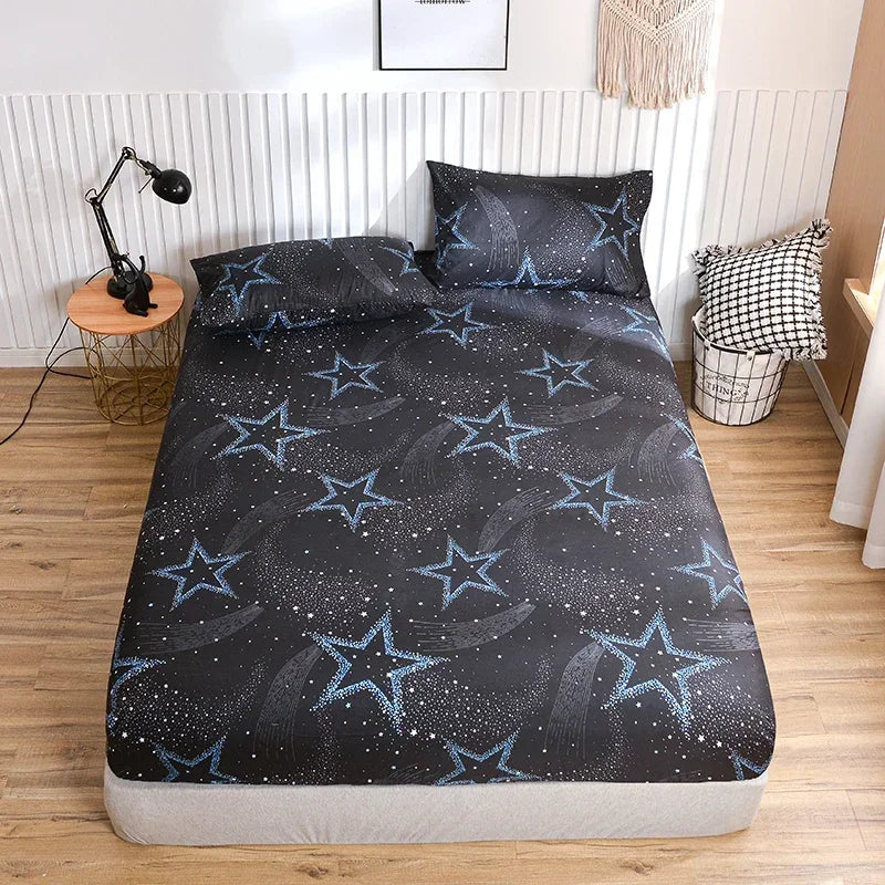 Twin Fitted Bed Sheet with Elastic Blue Flower Printed Bed Cover Single/Queen/King.