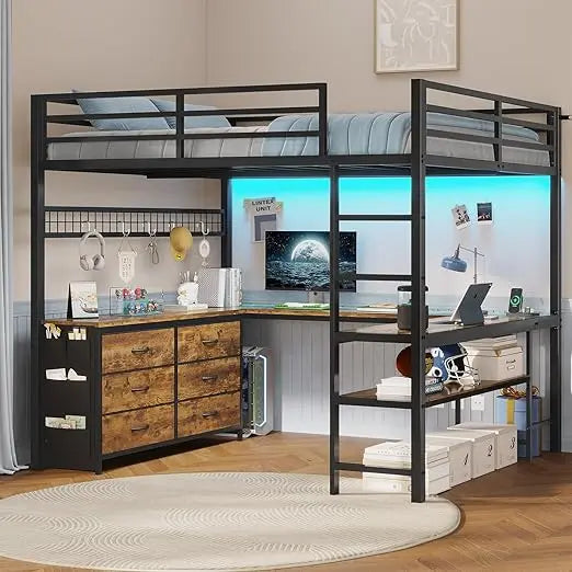 Loft Bed Full Size with U-Shaped Desk, 6 Storage Drawers, Power Outlet, LED.