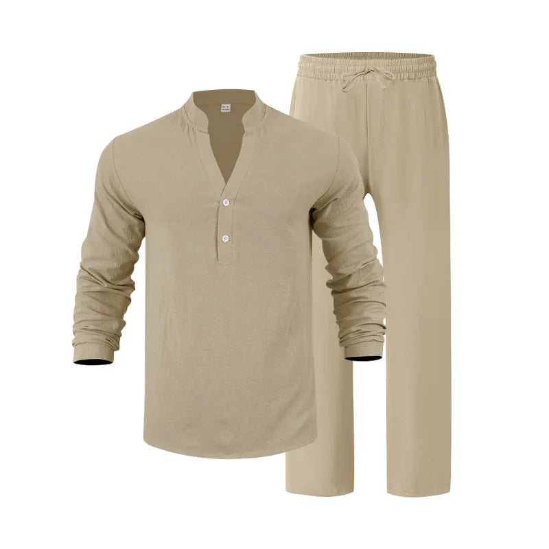 Autumn New Men Suit Style Loose Casual Breathable Henley Shirt with Straight-Leg Pants.