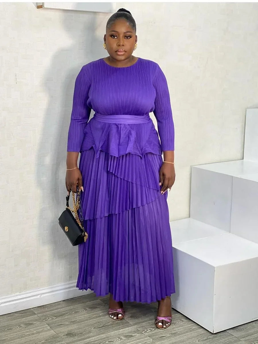 Pleated 2 Piece Set, Women Belt Gathered Waist Tops and Folds A-line Long Skirt Party Set.