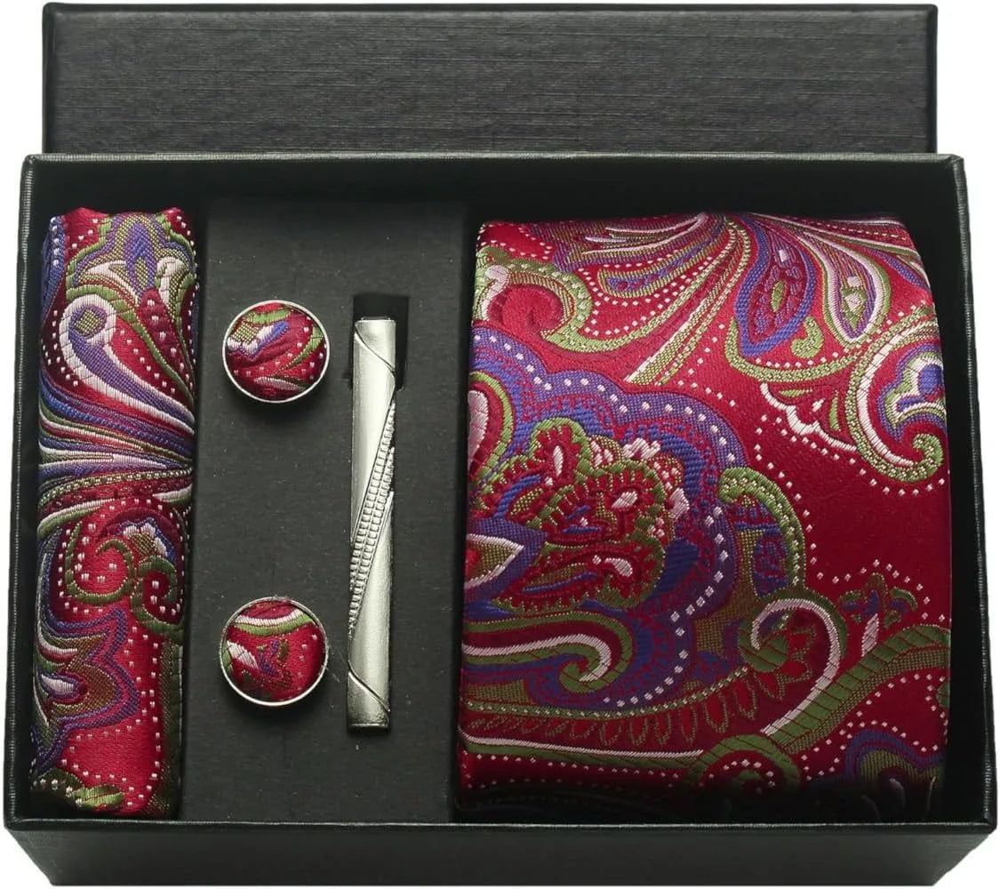 100% Silk Necktie Paisley Floral Men Business Tie, Pocket Square ,Tie Clip ,Cufflinks Set  Gift Box.
