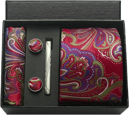 100% Silk Necktie Paisley Floral Men Business Tie, Pocket Square ,Tie Clip ,Cufflinks Set  Gift Box.