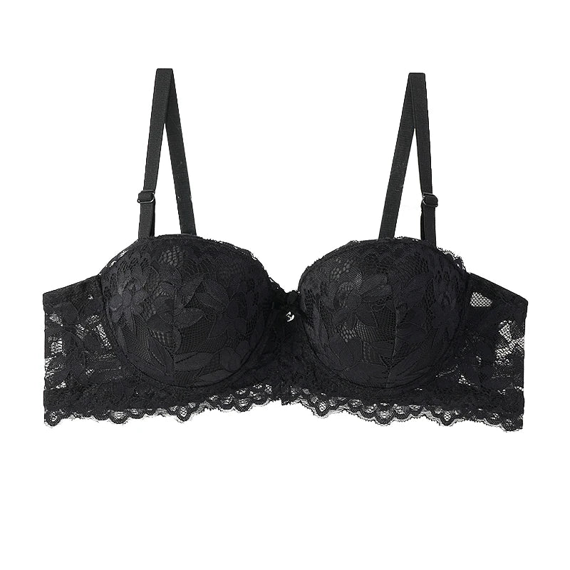 Women's Push Up Half Cup Bras, French Lace Floral Thicken Bottom, Gathered Underwire 36-42 Cup Soft Underwear.