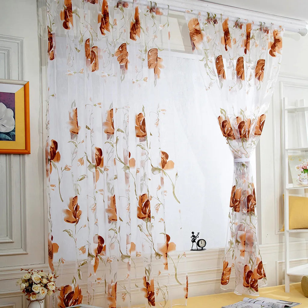Floral Tulle Curtains For Living Room, White Sheer Curtains For Bedroom, Short Kitchen Window Curtains.