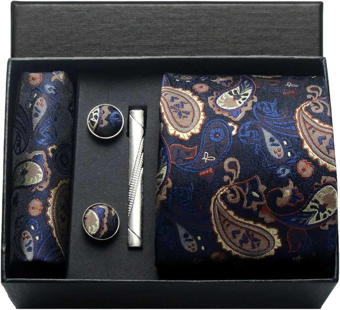 100% Silk Necktie Paisley Floral Men Business Tie, Pocket Square ,Tie Clip ,Cufflinks Set  Gift Box.
