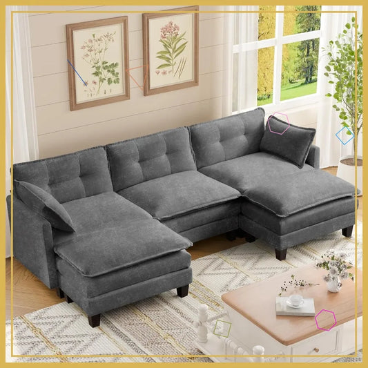 108" U Shaped Modular Sectional Sofa Comfy Cloud 3 Seat with Movable Ottoman Deep Seat Living Room Linen Beige Customized