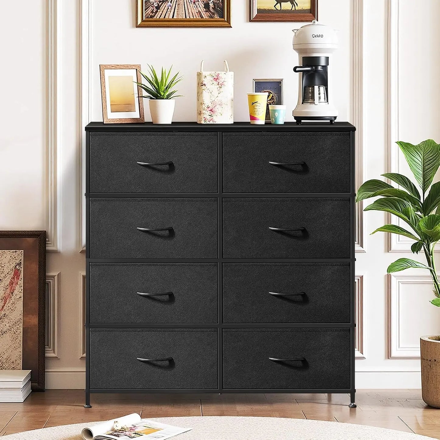 8-Drawer Black Fabric Dresser, 44 Inch Tall Storage Tower for Bedroom.