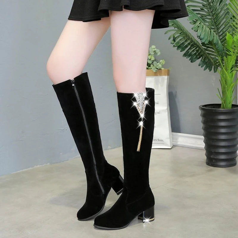 Women Side Zipper Long Boots Thick Heels.