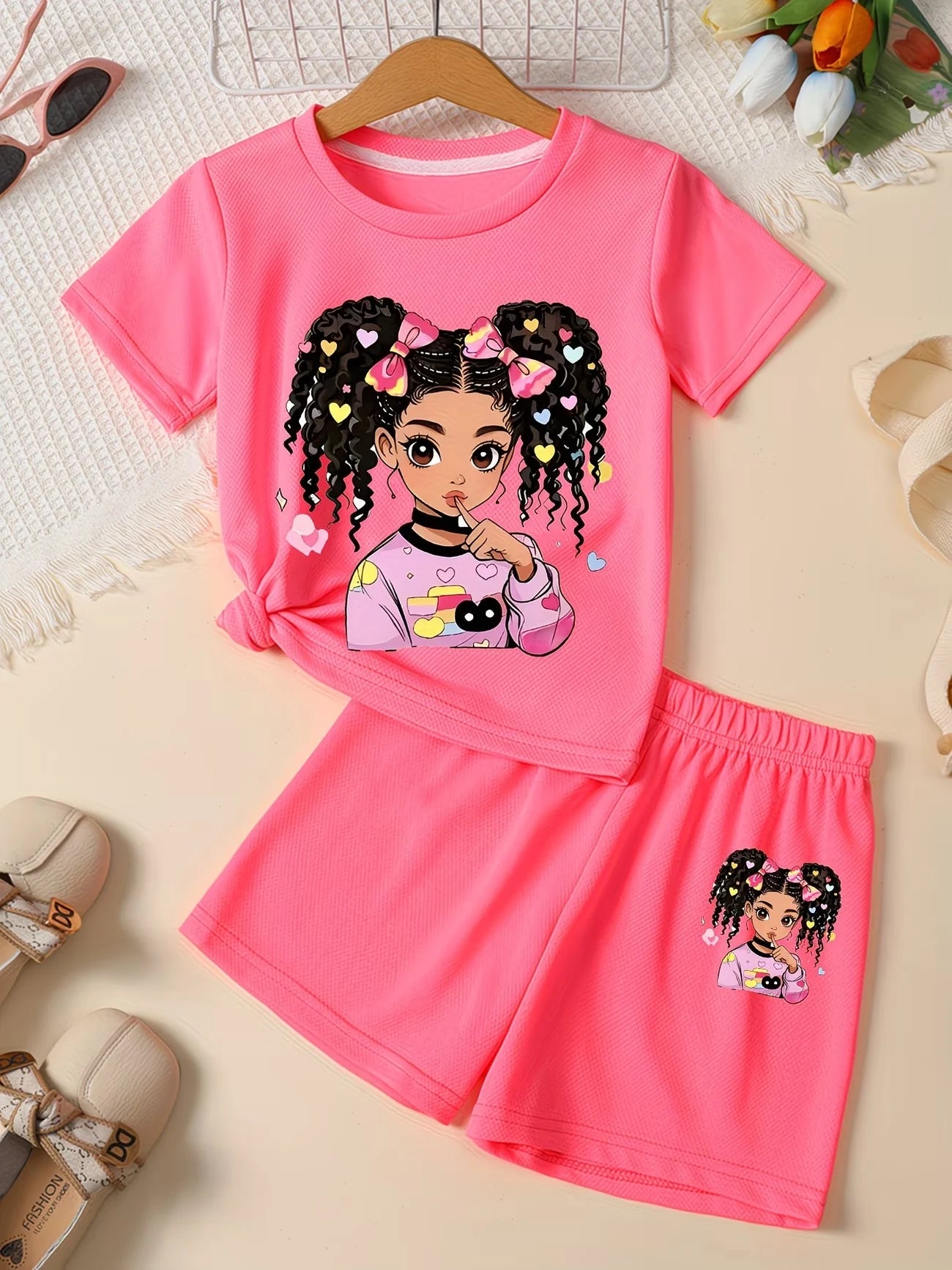 Kawaii Anime Print Kids Sport Suit, 2-Piece Set Girls Casual Summer Clothes.