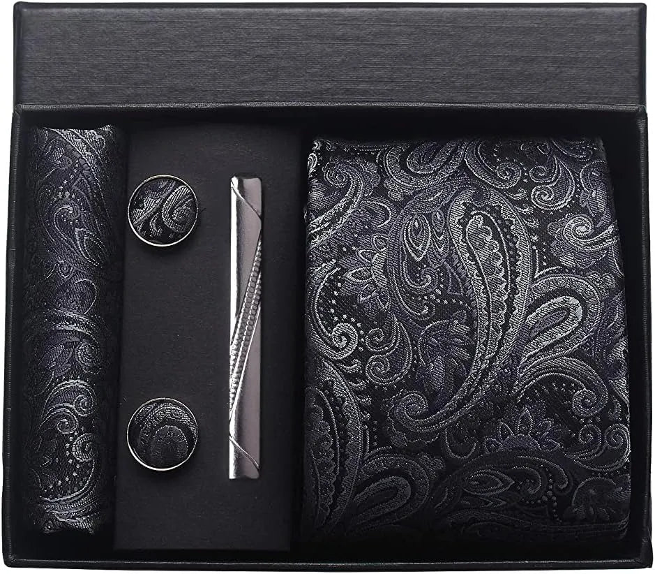 100% Silk Necktie Paisley Floral Men Business Tie, Pocket Square ,Tie Clip ,Cufflinks Set  Gift Box.