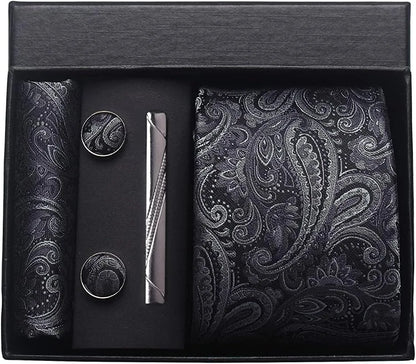 100% Silk Necktie Paisley Floral Men Business Tie, Pocket Square ,Tie Clip ,Cufflinks Set  Gift Box.