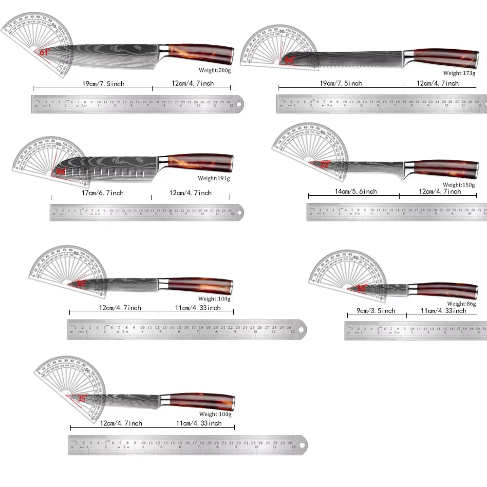 Knife Set 15-Piece Kitchen Set With Wooden Block, Laser Damascus Pattern Steel, Pro Chef ,With Scissor Sharpening Rod.