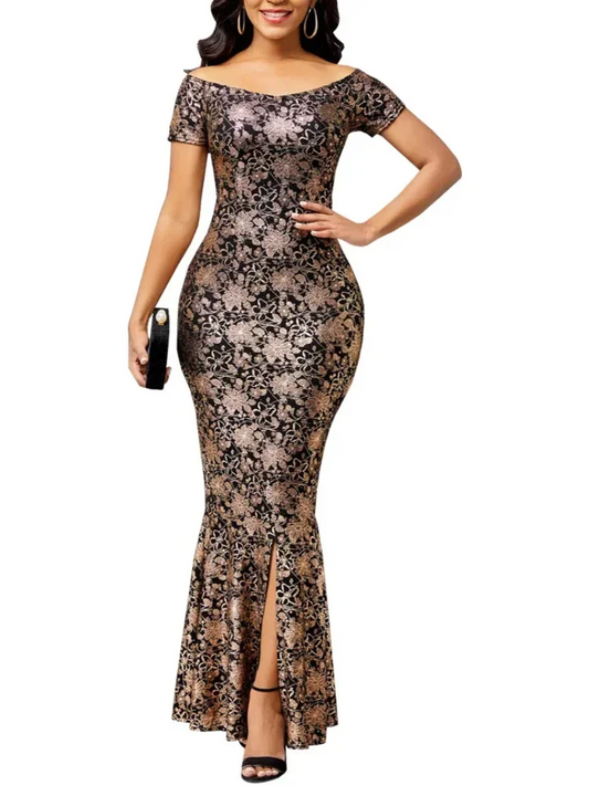 Women Dress Elegant Flower Party Dress, Off the Shoulder Short Sleeve, Slit Maxi Long Dresses for Woman.