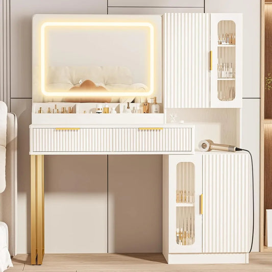 45" LED Makeup Vanity Desk with Mirror, Lights, USB Outlet & Storage for Bedroom.