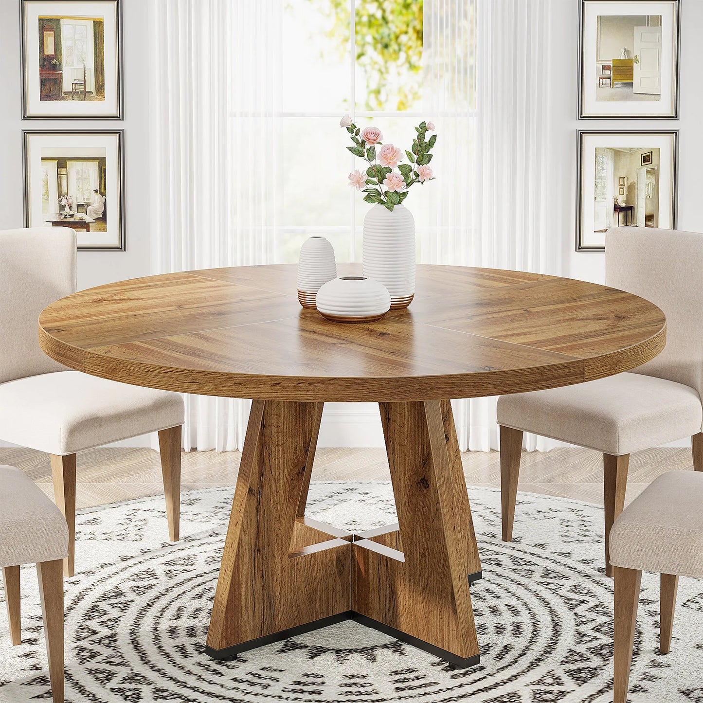 Round Dining Table for 4, 47 Inch Farmhouse Kitchen Table, for Dining Room.