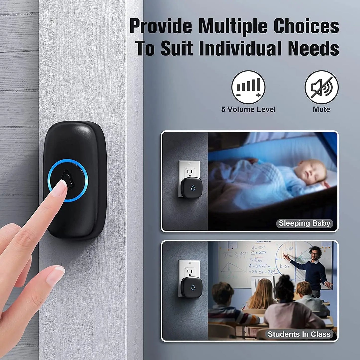 Wireless Doorbell with 3 Receivers, 2 Buttons: Easy Install, Adjustable Volume, 58 Chimes, LED Light,1000Ft Range.