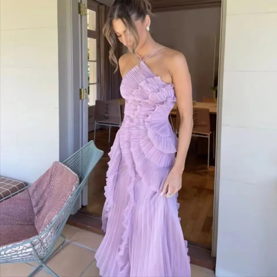 Elegant Women Ruffle Pleated Long Dress , Sleeveless Halter, Tiered Pleated , Maxi Dresses.