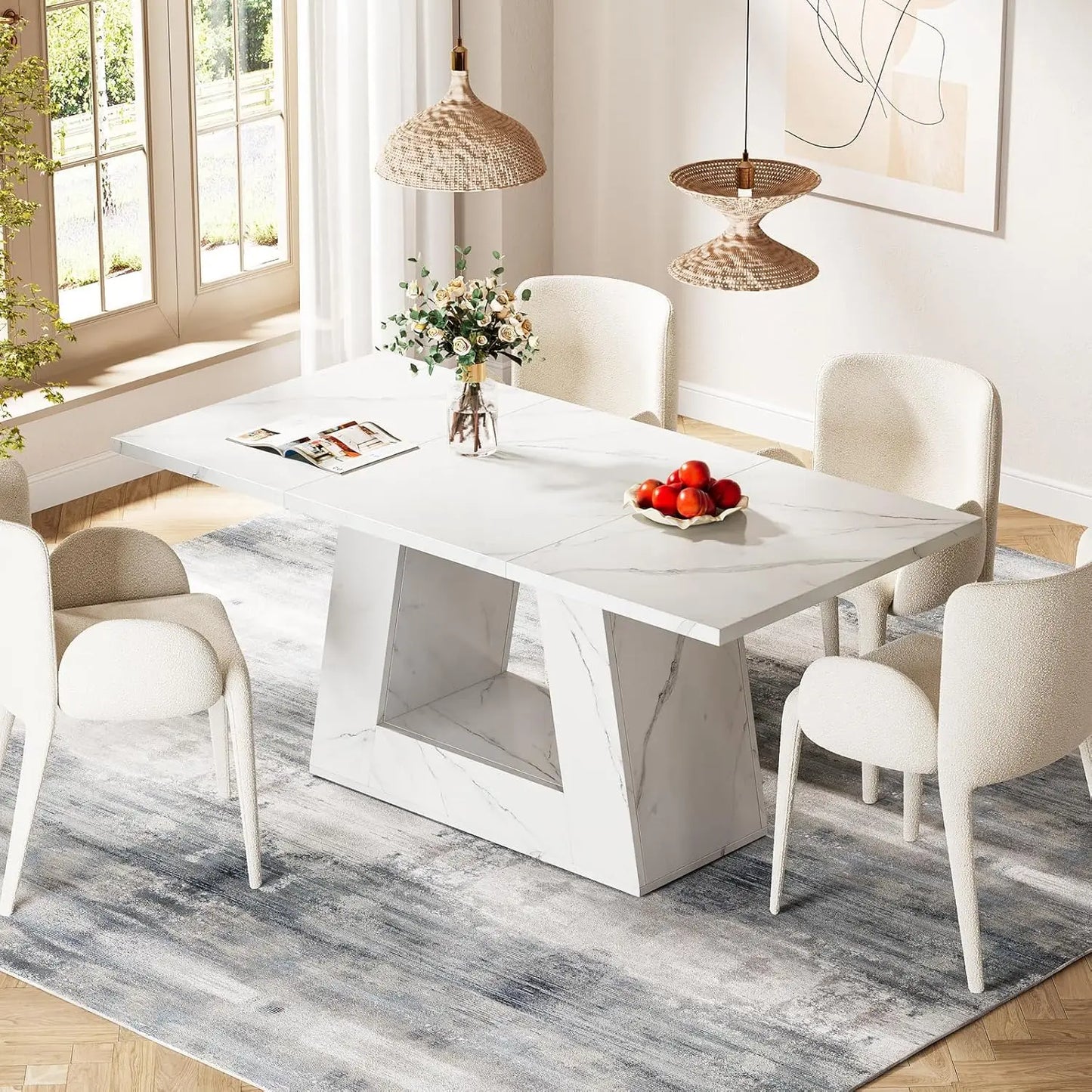 Dining Table for 4 to 6 People, 63" Rectangular Dining Room Table, Modern Wooden Faux Marble Dinner Table with Sturdy Base