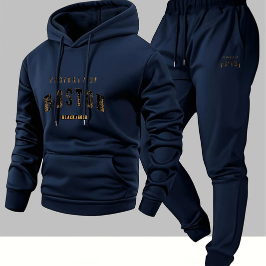 Men Boston print hooded sweatshirt and sweatpants soft and comfortable warm sweatpants set.