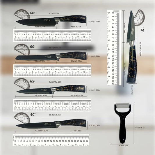 Juego de cuchillos de cocina, cuchillo antiadherente de acero inoxidable, mármol de borde negro, juego de seis piezas de oro rosa, explosión 2025.