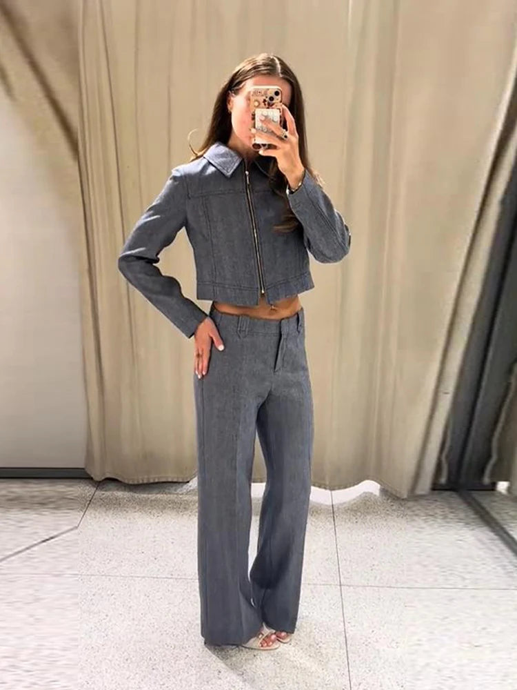 Women's Outwear 2 Piece Set Coats Pants ,Zipper Short Jackets, Straight-Leg Trouser Woman Clothes