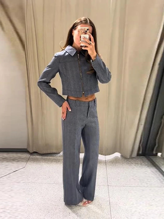 Women's Outwear 2 Piece Set Coats Pants ,Zipper Short Jackets, Straight-Leg Trouser Woman Clothes