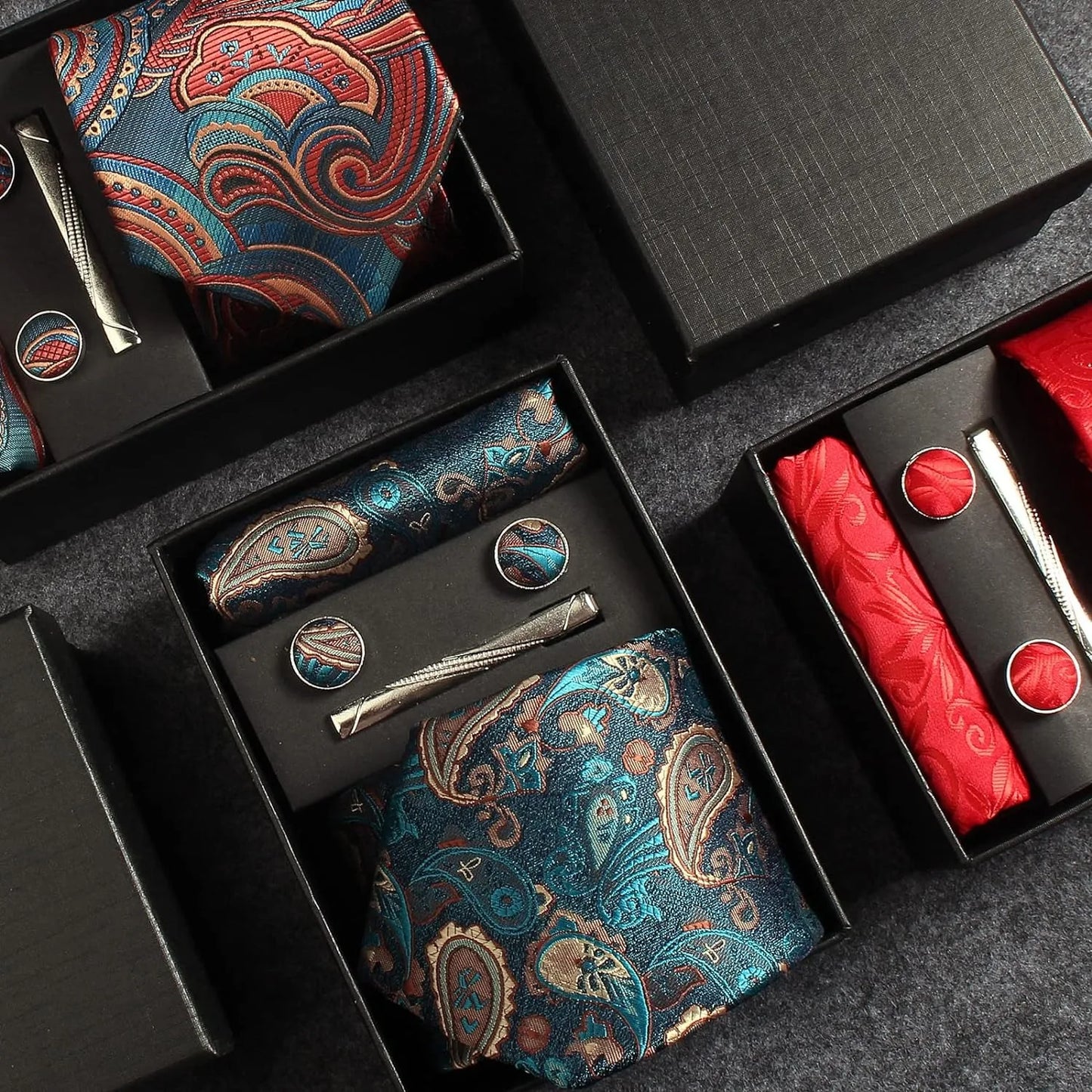 100% Silk Necktie Paisley Floral Men Business Tie, Pocket Square ,Tie Clip ,Cufflinks Set  Gift Box.