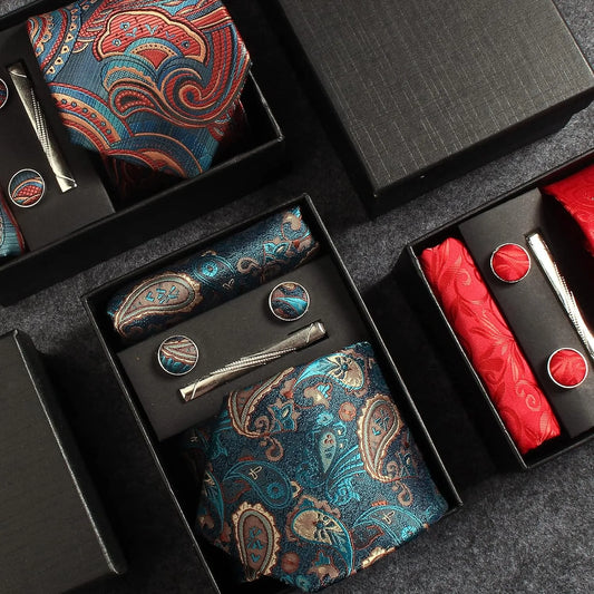 100% Silk Necktie Paisley Floral Men Business Tie, Pocket Square ,Tie Clip ,Cufflinks Set  Gift Box.