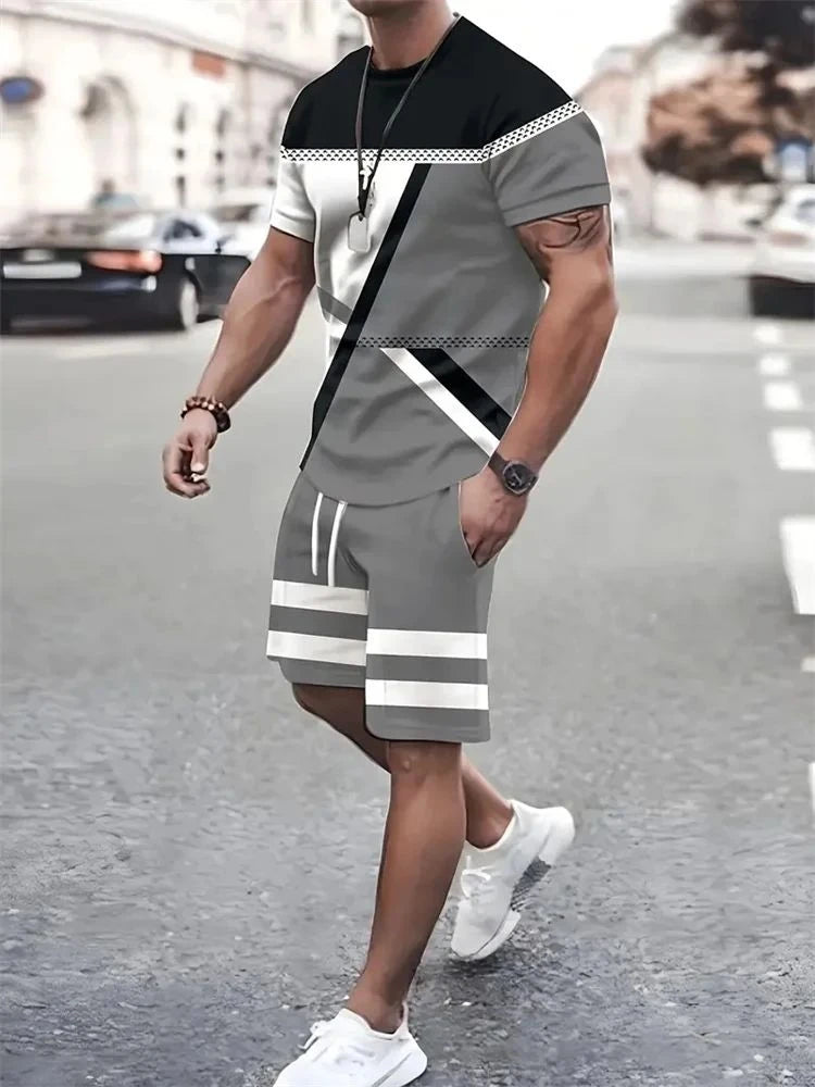 Men short sleeved shirt outdoor breathable, quick drying street fashion casual round neck T-shirt shorts set.