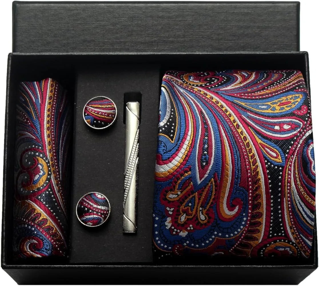 100% Silk Necktie Paisley Floral Men Business Tie, Pocket Square ,Tie Clip ,Cufflinks Set  Gift Box.