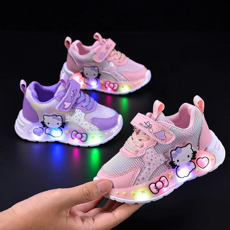 Hello Kitty Led Casual Sneakers for Summer ,Girls Print Lighted Non-Slip, Cute Outdoors Sport Shoes.