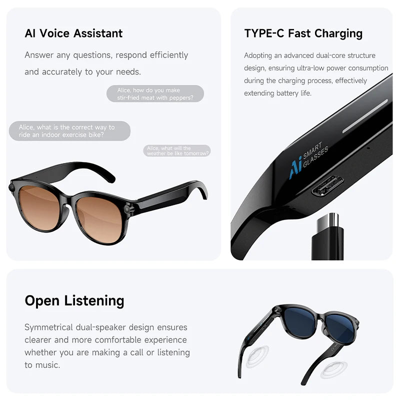 New 200W HD Camera Smart Glasses, AI Assistant Photo Recognition, Video Recording, 290mAh 512M Storage Smart Sunglasses.