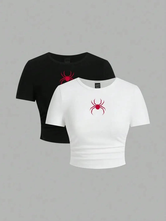 Simple Red Spider Printing Crop Tops Summer Women's ,Slim-fit T-Shirt Female Clothes.
