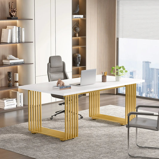 Modern Office Desk, 70.9" Wooden Computer Desk, Executive Desk with Gold Metal Legs, Large Workstation Home Office.