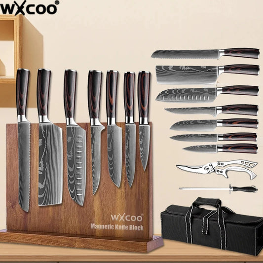 Damascus Steel Kitchen Knives VG10 Steel Fish Boning Knife Meat Cleaver Fruit Utility Cutter with Long Magnetic Knife Block