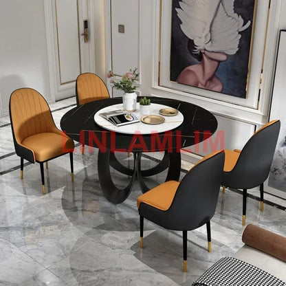 Linlamlim Dining Room furniture, sintered stone Table Set Featuring Leather Chairs.