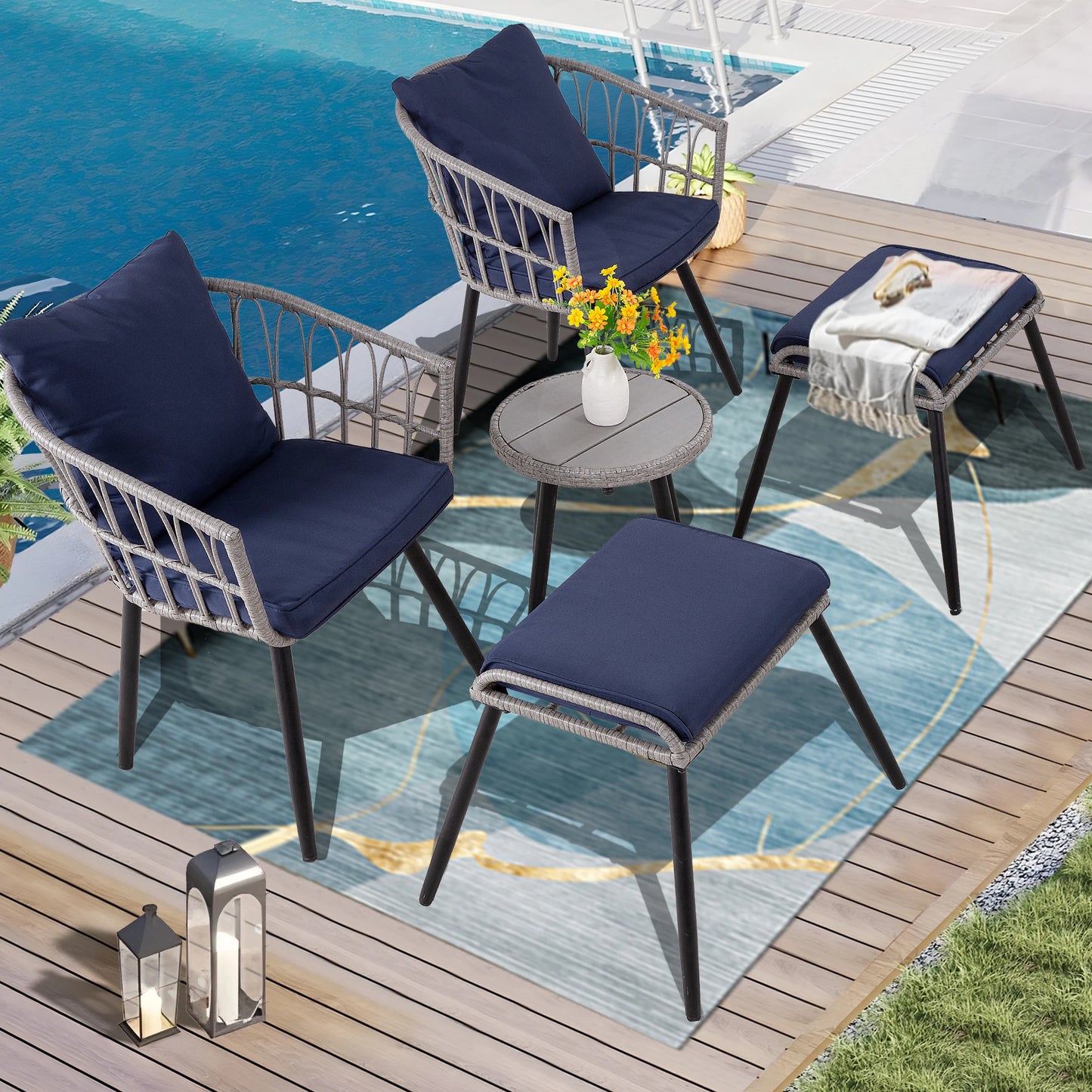 5 Piece Patio Furniture Set, Outdoor Wicker Small Conversation Bistro Set.