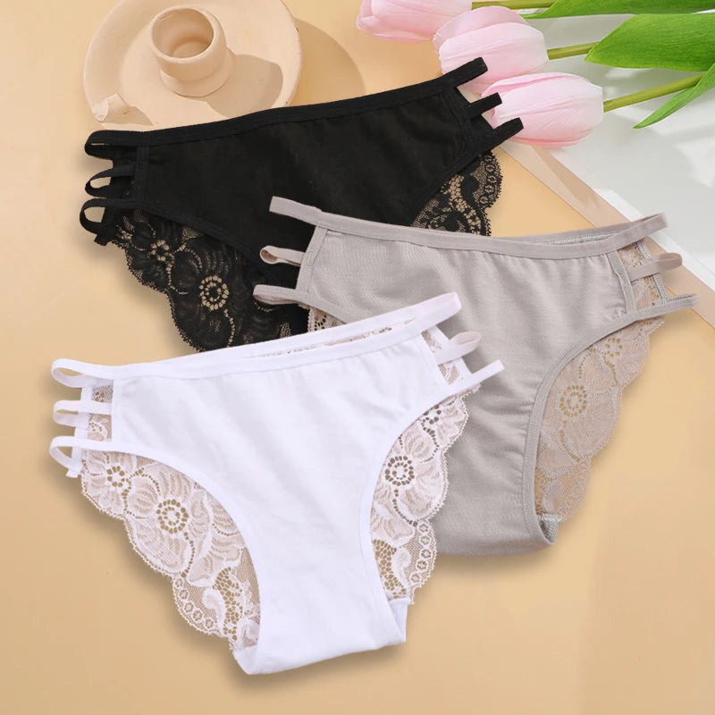 3PC/Set Women Sexy Floral Lace Panties, Low Rise Hollow Out Briefs, Transparent Female Elastic Straps Soft Lingerie.
