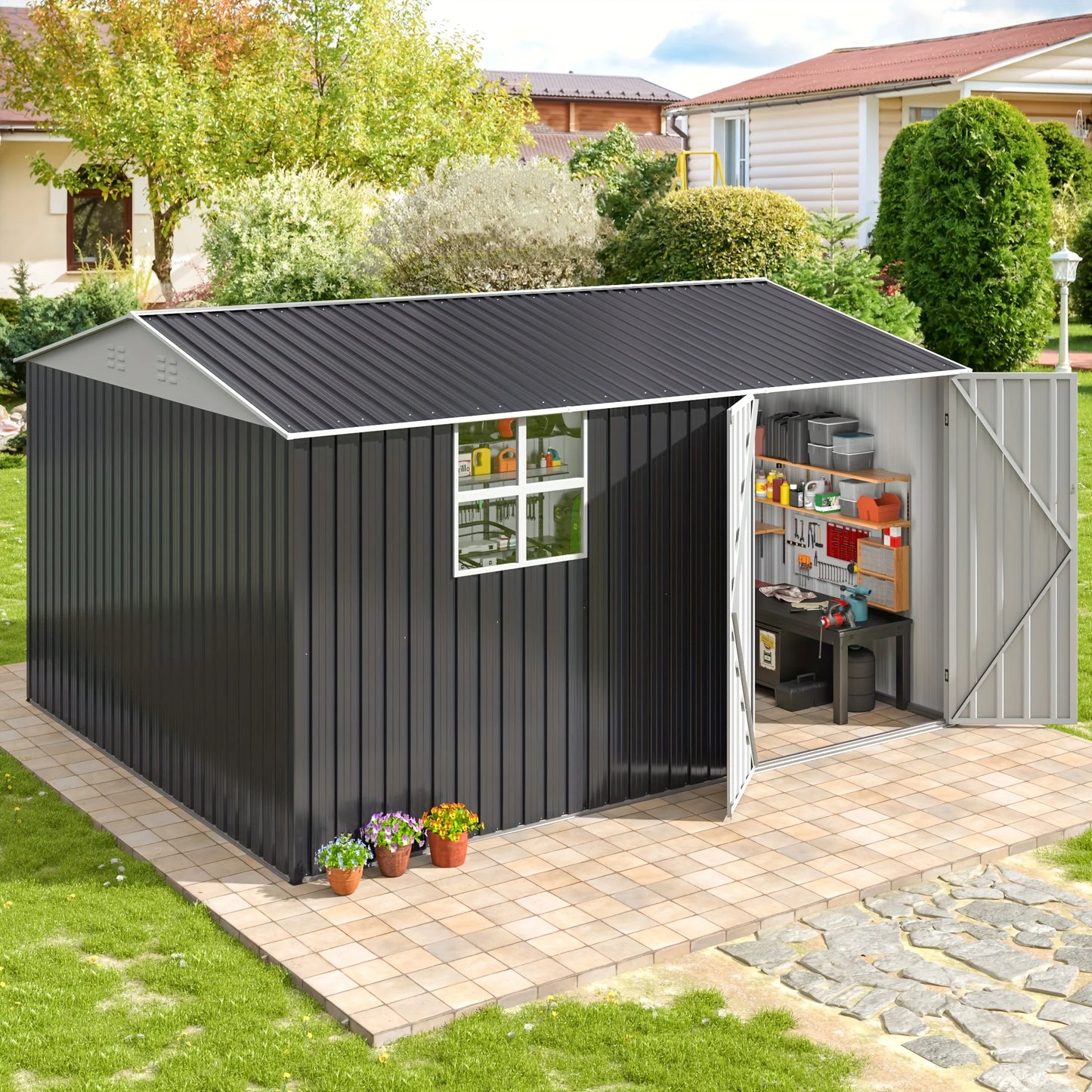10x12 FT Outdoor Metal Storage Shed with Windows, Lockable Tool Shed, Heavy-Duty Frame.